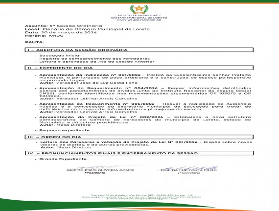 Pauta da 5ª Sessão Ordinária de 2026