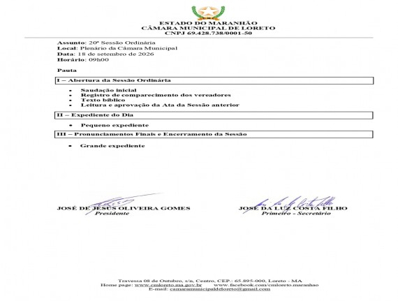 Pauta da 20ª Sessão Ordinária 2026.
