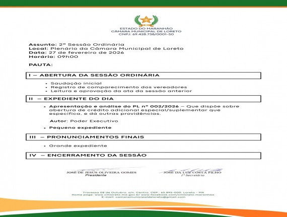Pauta da 2ª Sessão Ordinária de 2026