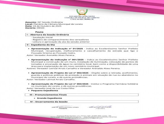 Pauta da 26ª Sessão Ordinária