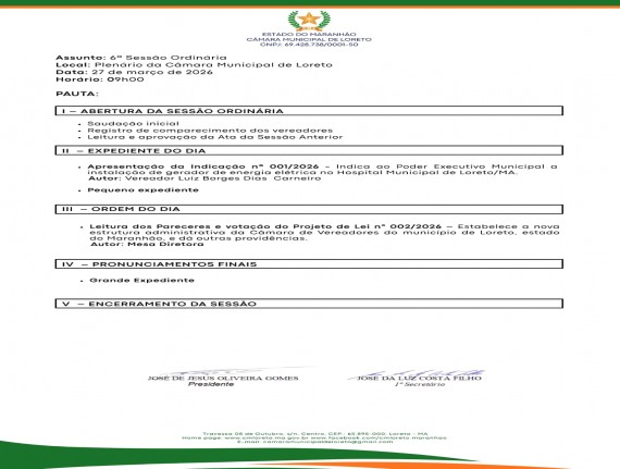 Pauta da 6ª Sessão Ordinária de 2026