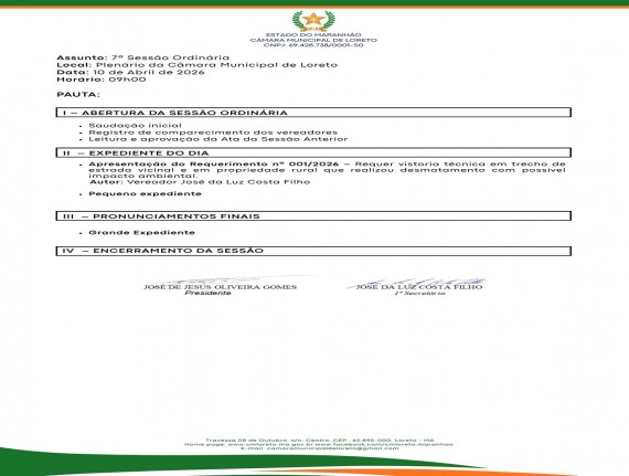 Pauta da 7ª Sessão Ordinária de 2026