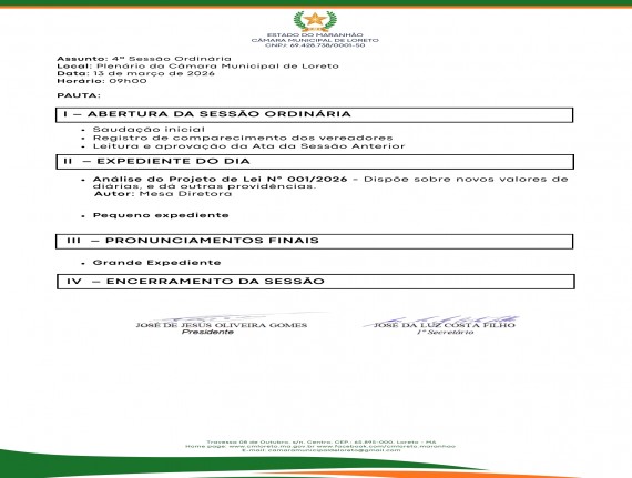 Pauta da 4ª Sessão Ordinária de 2026