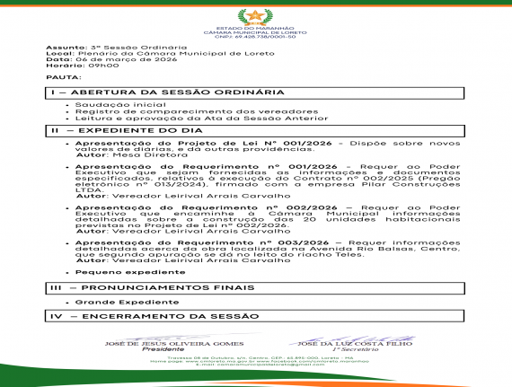Pauta da 3ª Sessão Ordinária de 2026