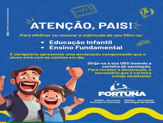 Prefeitura de Fortuna alerta pais e responsáveis sobre a importância da vacinação atualizada para a efetivação de matrículas 