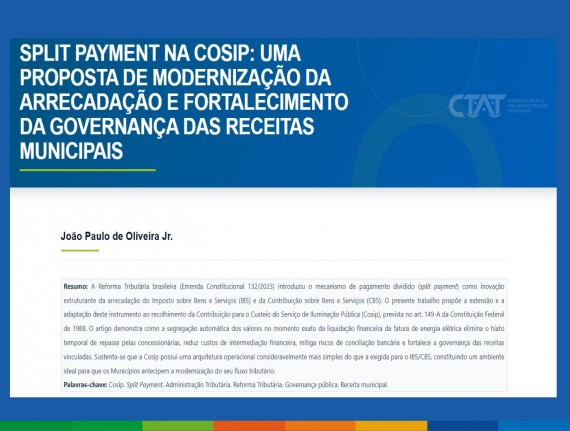 Artigo publicado pelo CTAT propõe uso do split payment na arrecadação da Cosip