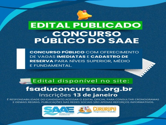 Cururupu: SAAE publica edital de Concurso Público