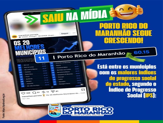 Porto Rico do Maranhão alcança 11ª colocação no IPS e se destaca entre os municípios com maior progresso social do estado